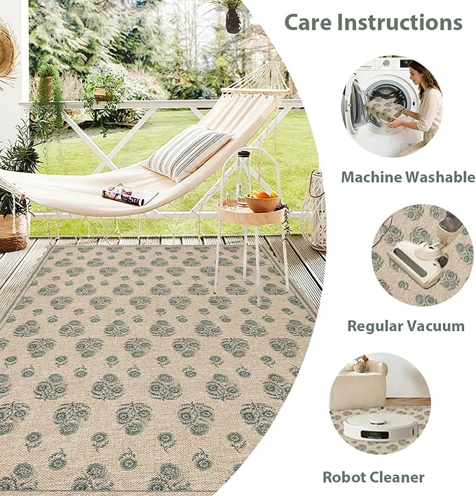 ORTIGIA Scalloped Easy Jute 3x5 Area Rug Vintage Green Floral Accent Farmhouse Washable Rug Non-Slip Indoor Outdoor Carpet for Living Room Bedroom Kitchen Patio Entryway