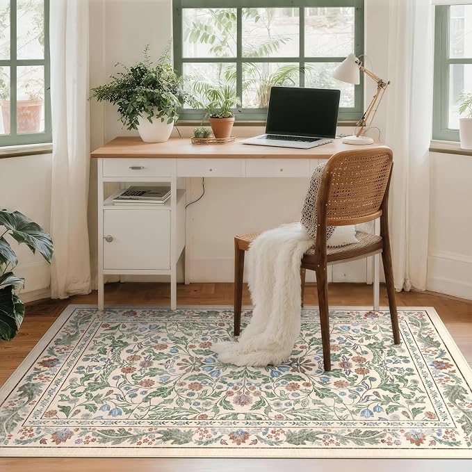Floral Indoor Entrance 3x5 Area Rug, Washable Vintage Boho Entryway Rugs, Low Pile Non Slip Soft Carpet for Kitchen, Bedroom Beside, Laundry Room, Office Rug, Kids Room, Nursery Room， Beige Green