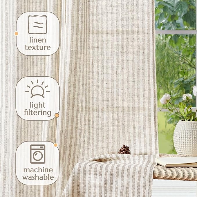 jinchan Linen Curtains 84 Inch Taupe Grey Stripe on Beige Back Tab 4 Panels | Curtains For Living Room Bedroom,Ticking Stripe Pattern, Farmhouse Cottage Core Rustic,Window Treatment,Light Filtering