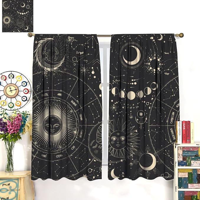 Golden Sun Moon Blackout Curtains, Starry Retro Bohemian Sun Moon Star Mysterious Universe Retro Window Drapes, for Bedroom Living Room 63" W X 63" L