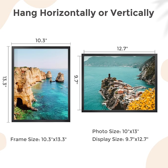 FLYJOE 10x13 Metal Picture Frame - Black Aluminum Picture Frame with Real Glass, Wall Mounting Horizontally or Vertically, Simple and Elegant Decor for Wall Gallery Poster Photo 13x10 Frame, Black