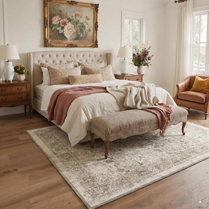 Bavni Washable Rugs 5x7 Machine Washable Rug Lightweight Low Pile, Vintage Floral Rug Non-Shedding Distressed Throw Carpet for Living Room Bedroom Office, Beige