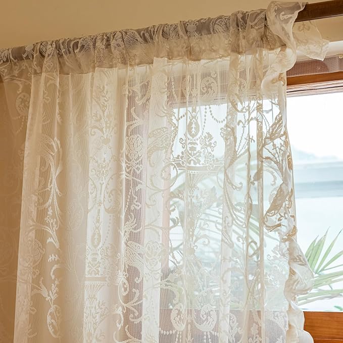 TUDECO Light Beige Curtains 90 Inches Long - Rustic Embroidered Sheer Lace Curtains for Living Room 2 Panels, Rod Pocket Light Filtering Ruffle Edges Decorative Vintage Bedroom Decor, 59W x 90L Inch