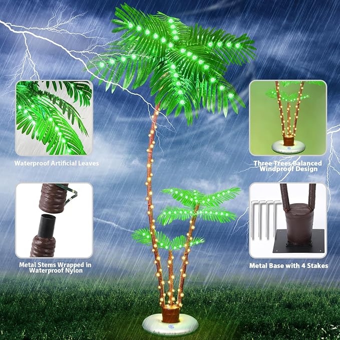 OUSHENG Lighted Palm Tree Bar Outdoor Christmas Decorations Decor, Light Up LED Artificial Fake Faux Trees Lights for Outside Patio Yard Pool Porch Deck Party Tropical, 7FT