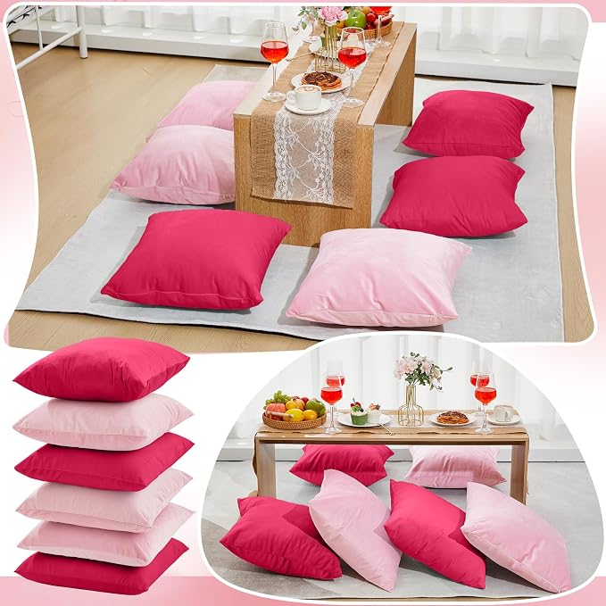 Berlune 6 Pcs Pink Picnic Velvet Throw Pillow Covers 18" x 18" Hot Pink Decorative Cushion Cases Soft Pillowcase Coquette Party Accessories Couch Sofa Bed Picnic Chair Home Decor, No Inserts