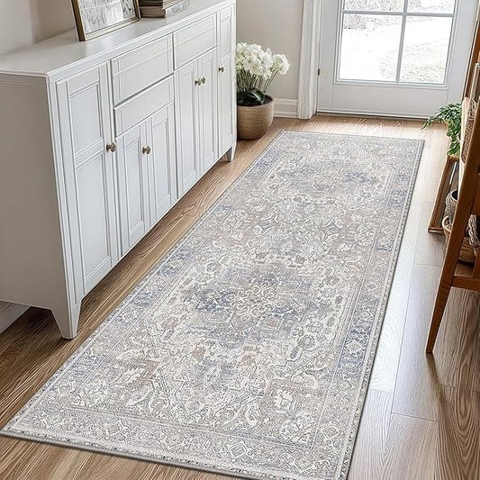 GENIMO 2x10 Runner Rugs for Hallway, Machine Washable Non Slip Vintage Retro Rugs, Low Pile Lightweight Thin Print Carpet for enrtyway, Corridor, Home Office, Kitchen, Khaki Blue