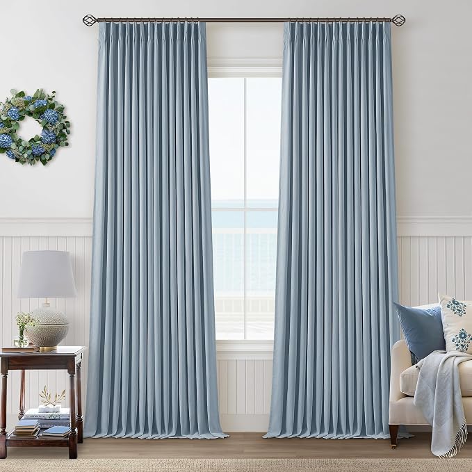 Dusty Blue Linen Blackout 120 Inch Curtains for Living Room 2 Panels Set Pinch Pleated Back Tab Drapes Modern Thermal Insulated Full Black Out Curtains 120 Length High Ceiling 40x120 Blue Grey