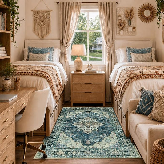 RELEANY Area Rugs 4'x6' Washable Non-Slip, Floral Vintage Distress Medallion Carpet for Living Room Bedroom Dining Room, Teal Green Lake Blue Turquoise
