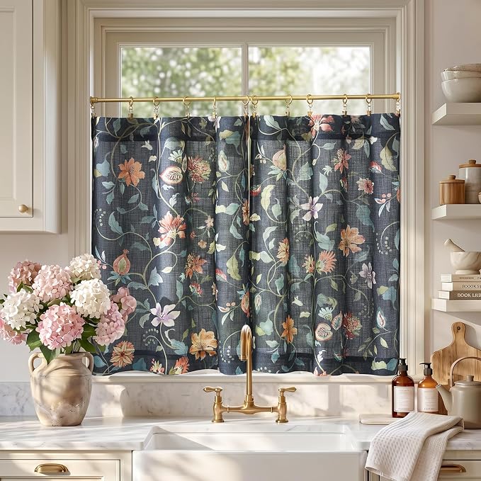jinchan Hattie Floral Linen Kitchen Curtains 30 Inch Length Vintage Cottage Core Farmhouse Cafe Curtains Light Filtering Small Window Drapes for Living Room Bathroom Rod Pocket 2 Panels Dark Blue