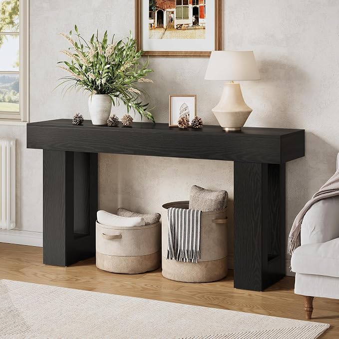 Little Tree 63-Inch Long Console Tables for Entryway, Large Sofa Table Behind Couch, Wooden Entry Foyer Hallway Table, Modern Console Sofa Tables for Living Room, Black