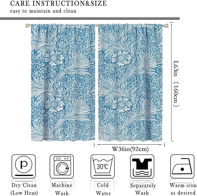 Bohe Vintage Floral Blackout Windows Curtains, William Morris Original Design Blue Flower Pattern Rod Pocket Curtains, for Living Room Bedroom 36(W)*63(L) 2 Panels