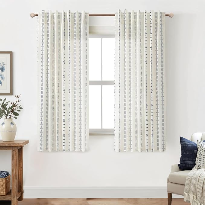 Sheer Linen Boho Patterned Curtains 50x63 Inches Long for Living Room 2 Panel Sets,Cream and Navy