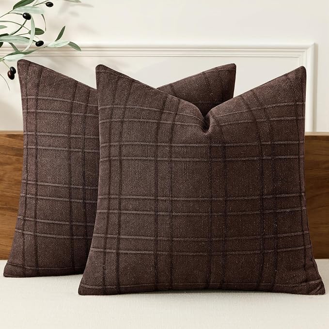 MIULEE Decorative Linen Check Throw Pillow Covers Neutral Farmhouse Vintage Pillow Covers 18x18 Set of 2 Boho Modern Winter Home Decor for Sofa Couch Bedroom Cushion Dark Brown