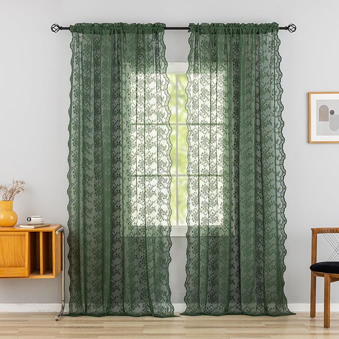 YJ YANJUN Vintage Lace Curtains 84 Inches Long- Country Olive Green Boho Sheer Curtains for Living Room Bedroom Scalloped Light Filtering Christmas Decor 2 Panels Set W52 X L84 Dark Forest