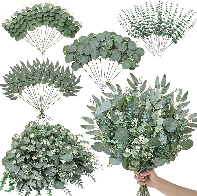 Serwalin 70pcs Artificial Mixed Eucalyptus Stems Leaves Bulk, 4Kinds Fake Greenery Silver Dollar Eucalyptus Leaves Picks,Faux Greenry Stems Sprays for DIY Bouquets Floral Arrangement Home Decor