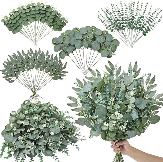 Serwalin 70pcs Artificial Mixed Eucalyptus Stems Leaves Bulk, 4Kinds Fake Greenery Silver Dollar Eucalyptus Leaves Picks,Faux Greenry Stems Sprays for DIY Bouquets Floral Arrangement Home Decor
