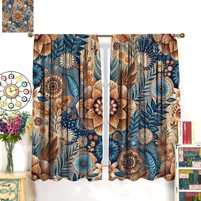 Bohemian-Style Floral Blackout Curtains, Suitable for Bedrooms and Living Rooms, Featuring A Vintage Botanical Pattern, Providing Insulation and Warmth, in Navy Blue and Brown55X63 Inch