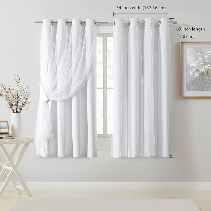 Bujasso White Full Blackout Curtain Panels with Sheer Overlay Mix and Match Double Layer Thermal Insulated Window Treatment Set for Living Room White Drapes with Tiebacks Grommet Top 54" Wx63 Lx2