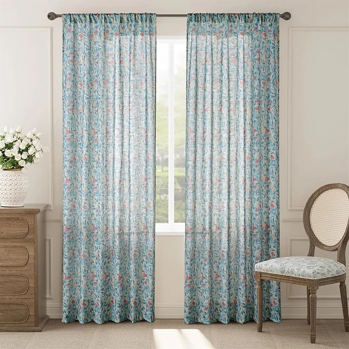 RoomTalks Boho Country Living Room Curtain Privacy Faux Linen Fabric, Cute Vintage Floral Farmhouse Botanical Aesthetic 96 Inches Window Curtains for Bedroom Dorm Nursery, Elegant Cottagecore Panels