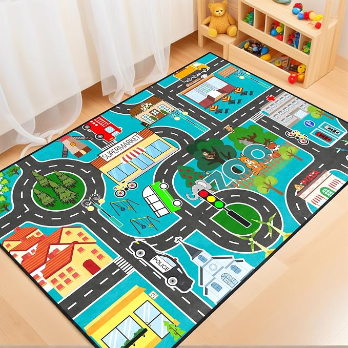 Car Rug Play Mat - Road Rug for Boys Room, Fun Race Track Car Car Carpet for Room Decor Road Carpet for Boys Playmat Bedroom Playroom Educational Learn Play Mat, 3x5 Feet