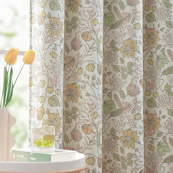 Vangao Yellow Nursery Curtains for Girls Room Floral Blackout Curtains 63 Inch Length Farmhouse Drapes for Bedroom Room Darkening Flower Patterned Window Treatment for Kids Set of 2