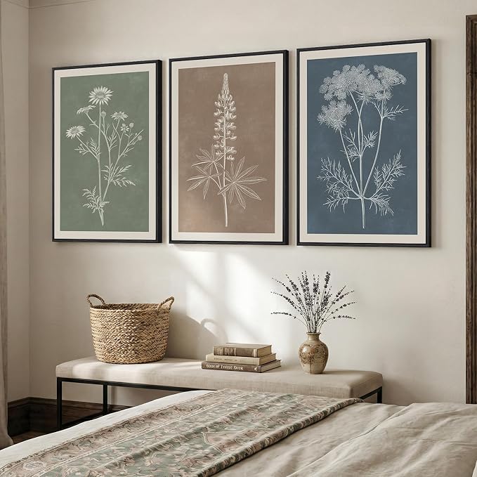 Large Framed Boho Botanical Wall Art for Living Room, 3 Piece Vintage Neutral Floral Canvas Painting Prints, Rustic Minimalist Flower Plants Pictures for Farmhouse Bedroom Office Wall Decor, 24x36 In