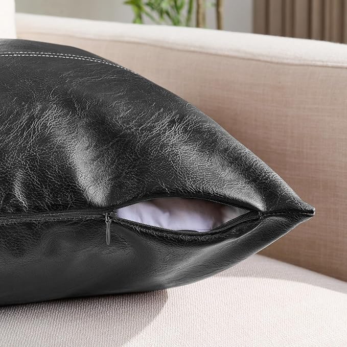 Fancy Homi Black Lumbar Faux Leather Decorative Throw Pillow Covers 12x20 Inch for Living Room Couch Bed Sofa, Boho Farmhouse Home Decor, Hand Stitched Rectangle Cushion Case 30x50 cm