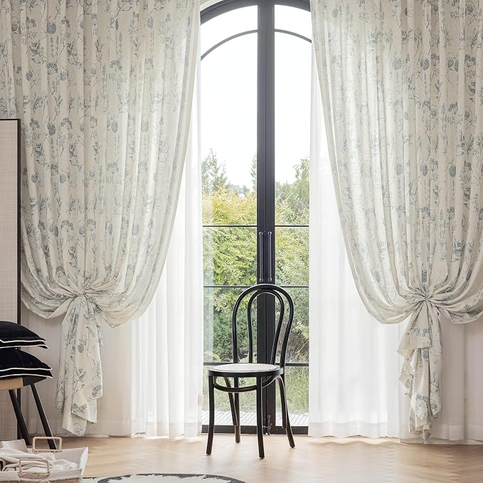 FMFUNCTEX Linen Curtains Floral Patterned Curtains for Bedroom Living Room, Blue Curtain 96 Inches Long Farmhouse, Light Filtering Beige Window Curtain Grommet Top 2 Panels Set