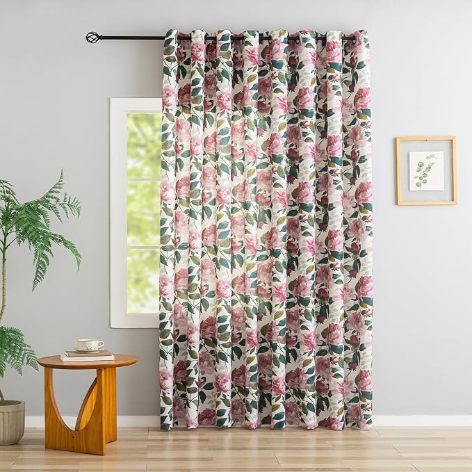 ALIGOGO Floral Linen Patio Curtain for Sliding Door, Extra Wide Curtain 100 Inch for Glass Doors, Elegant Semi-Sheer Light Filtering Farmhouse Grommet Room Divider Drape 1 Panel, W100 x L90 Inch, Pink
