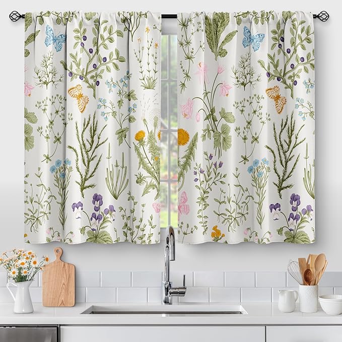 Aimego Flowers Floral Kitchen Curtains - Leaves Spring Botanical Small Short Tier Cafe Window Curtains for Bathroom Living RV Room Rod Pocket Window Drapes 45 Inch Length 2 Panels Set 28"x45"