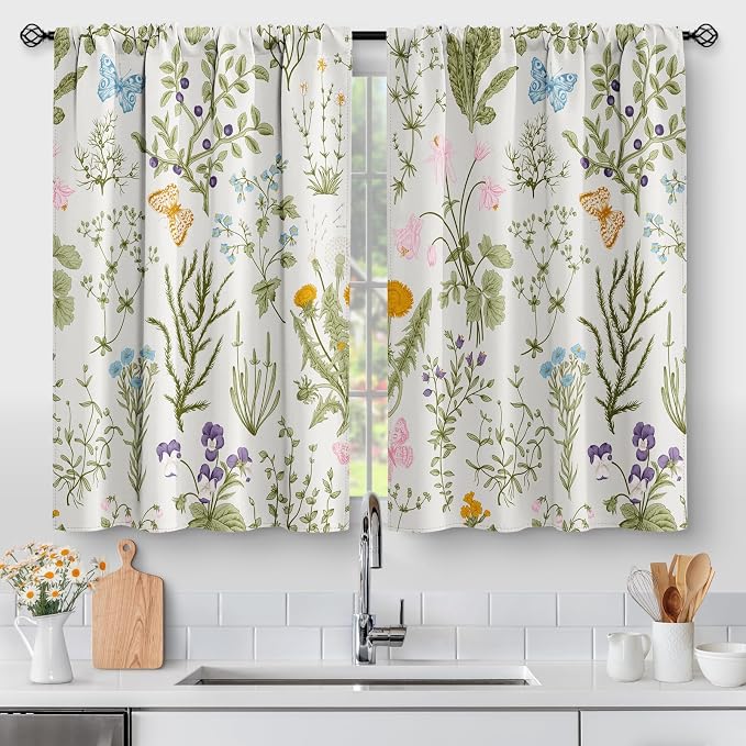 Aimego Flowers Floral Kitchen Curtains - Leaves Spring Botanical Small Short Tier Cafe Window Curtains for Bathroom Living RV Room Rod Pocket Window Drapes 30 Inch Length 2 Panels Set 28"x30"