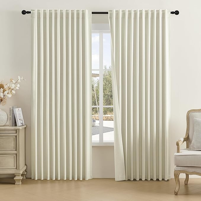 DUALIFE Room Darkening Curtains for Large Windows Modern Farmhouse Patio Sliding Door Curtains for Bedroom 2 Panels, Back Tab Hook Belt Pinch Pleated Blackout Drapes 84 Inch Wide by 96 Inch Long,Ivory