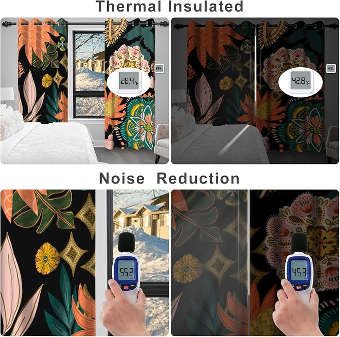Boho Blackout Curtains 84 Inch Length 2 Panels Set, Farmhouse Floral Black Out Curtains 84 Inch Long with Tiebacks, Room Darkening Thermal Soundproof Bohemian Curtains for Bedroom and Living Room