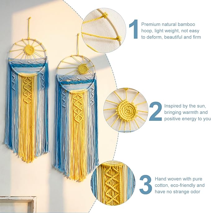 Artilady 2 Pack Blue Sun Wall Decor Macrame Hanging Tapestry Sunshine Sunset Wall Art Set, Rustic Woven Tapestries Boho Dream Catcher Colorful Decor for Bedroom Living Room Nursery (Blue 2Pcs)
