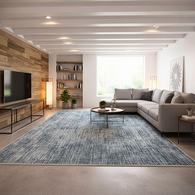 Ottomanson Living Room Area Rug 7'10" x 8' – Non-Slip Soft Rug, Easy to Clean Low Pile Carpet for Bedroom, Dining Room or Office, Solid Greyish Blue