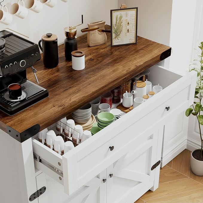 YESHOMY Coffee Bar and Accent Cabinet, Farmhouse Barn Door Buffet Sideboard with Drawer and Adjustable Shelf, Wide Desktop for Kitchen, Dining Room, Bathroom, Entryway, Brown & White