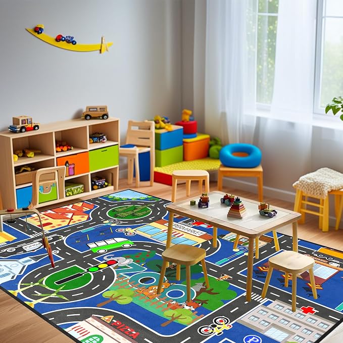 Road Rug for - Car Rug Play Mat for Boys Room, Blue Road Carpet Playmat Fun Race Track Car Carpet for Bedroom Playroom Home Decor Floor Mat, 2.5x4 Feet