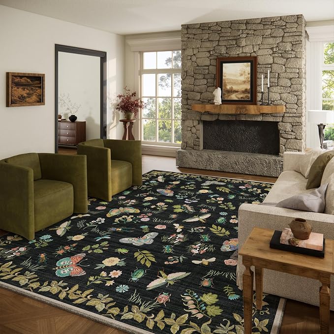 Machine Washable Rug for Living Room: 9x12 Area Rugs Vintage Bedroom Rug Stain Resistant Non Slip Low Pile Soft Carpet for Bedroom Kitchen Dining Room Nursery Kids Room Farmhouse Home Office