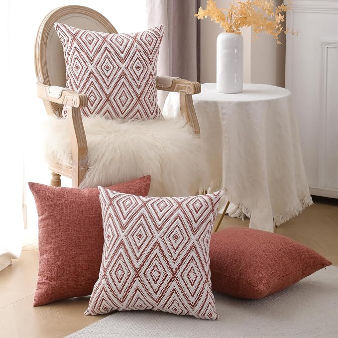 HPUK Throw Pillow Covers 18x18 Inch Set of 4, Linen Decorative Pillow Covers, Accent Cushion Covers for Couch Sofa Bed Bedroom Living Room Décor, Coral