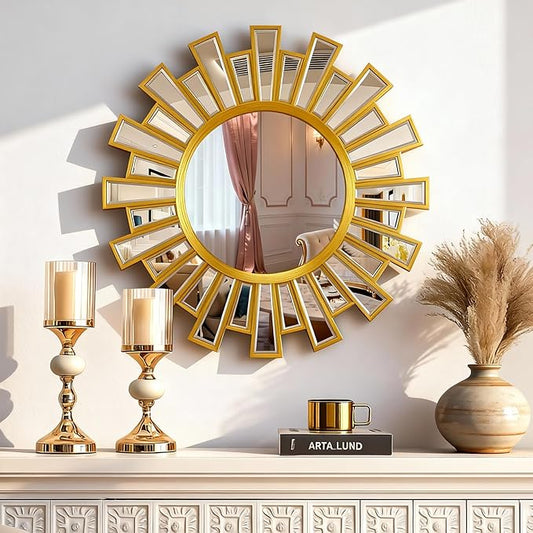 PERHOM Sunburst Mirror, 23.5"x23.5" Boho Sun Mirror for Wall Decor, Modern Sun Mirrors for Living Room, Bedroom, Entryway, Dinner Room, Fireplace