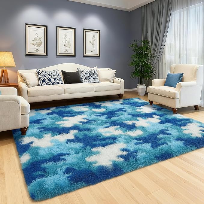 AROGAN Washable 2x6 Runner Rug for Hallway, Long Runner Rugs wtih Soft Memory Foam for Bedroom, Non Slip Backing Carpet, Bedside, Entryway Home, Camouflage Blue and White