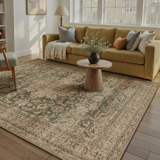 5x7 Washable Area Rug Green Brown Vintage Non Slip Soft Low Pile Rug for Living Room Bedroom Dining Room Office Distressed Oriental Indoor Throw Carpet for Home Decor
