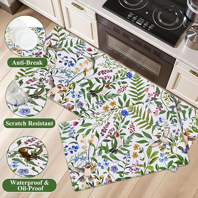 Yinhua White Kitchen Mats for Floor Sets of 2, Floral Anti Fatigue Mats for Kitchen Floor Rug Cushioned, Farmhouse Kitchen Rugs Non Slip, Bird Waterproof Mat for Laundry Office, 17.3"×30"+17.3"×47"