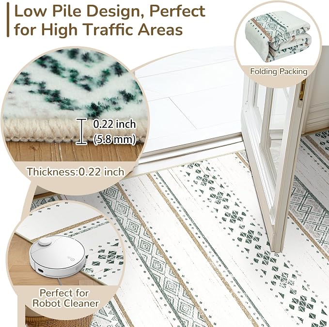 BESTSWEETIE 8x10 Area Rugs for Living Room Washable Moroccan Farmhouse Neutral Geometric Low Pile Non-Slip Soft Print Pattern Rug for Bedroom Kitchen Dining Room Entryway Green/Brown/Brown