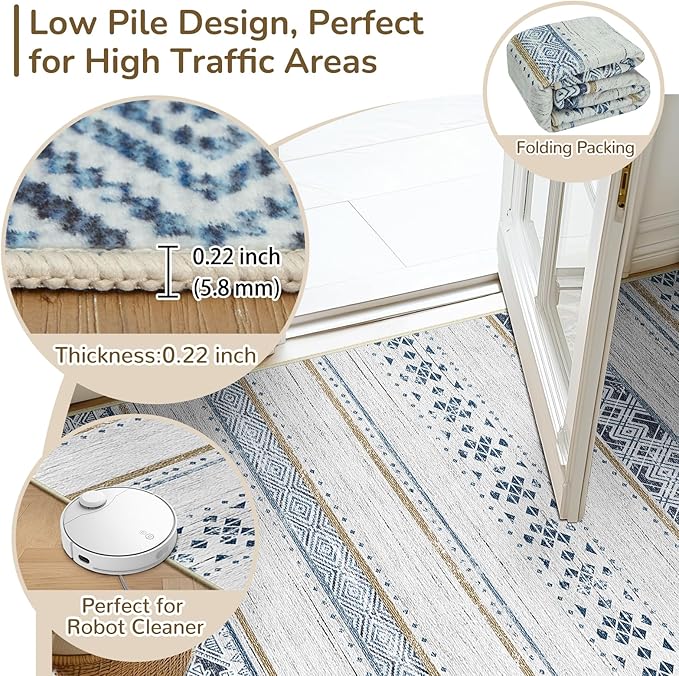 BESTSWEETIE 2x6 Area Rugs for Living Room Washable Moroccan Farmhouse Neutral Geometric Low Pile Non-Slip Soft Print Pattern Rug for Bedroom Kitchen Dining Room Entryway Blue/Brown