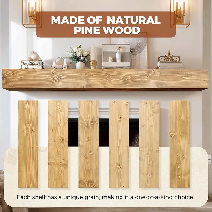 72x8x5 Fireplace Mantel - Handcrafted Rustic Solid Wood Wall Mounted Floating Shelf with Invisible Heavy Duty Wood Bracket (Natural)