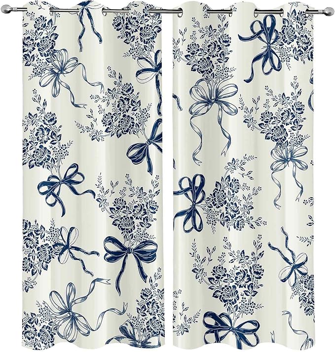 LUVIVIHOME Bow Curtains, Cute Floral Blackout Curtains for Girls Bedroom Living Room, Modern Aesthetic Bowknot Girly Room Decor, Grommet Window Drapes 2 Panel Sets, 42x63 Inch