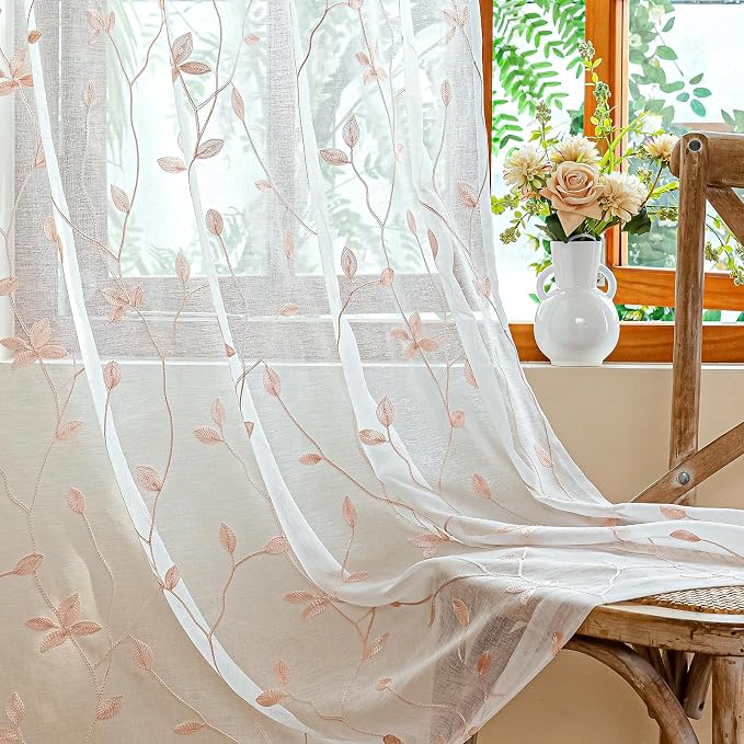 AmHoo 2 Panels Embroidered Leaf Pattern Semi Sheer Curtains Foliage Floral Voile Window Draperies Treatment for Bedroom Living Room Rod Pocket White Pink 53 x 95 Inch