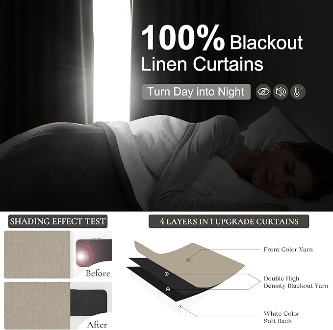 QJmydeco Black Out 96 Inch Long Boho Curtains 2 Panel Set, Farmhouse Curtains for Living Room Darkening/Thermal/Noise Reduction Textured Flax Linen Drape 8ft Hook&Ring Included GreyBeige 50"x96"