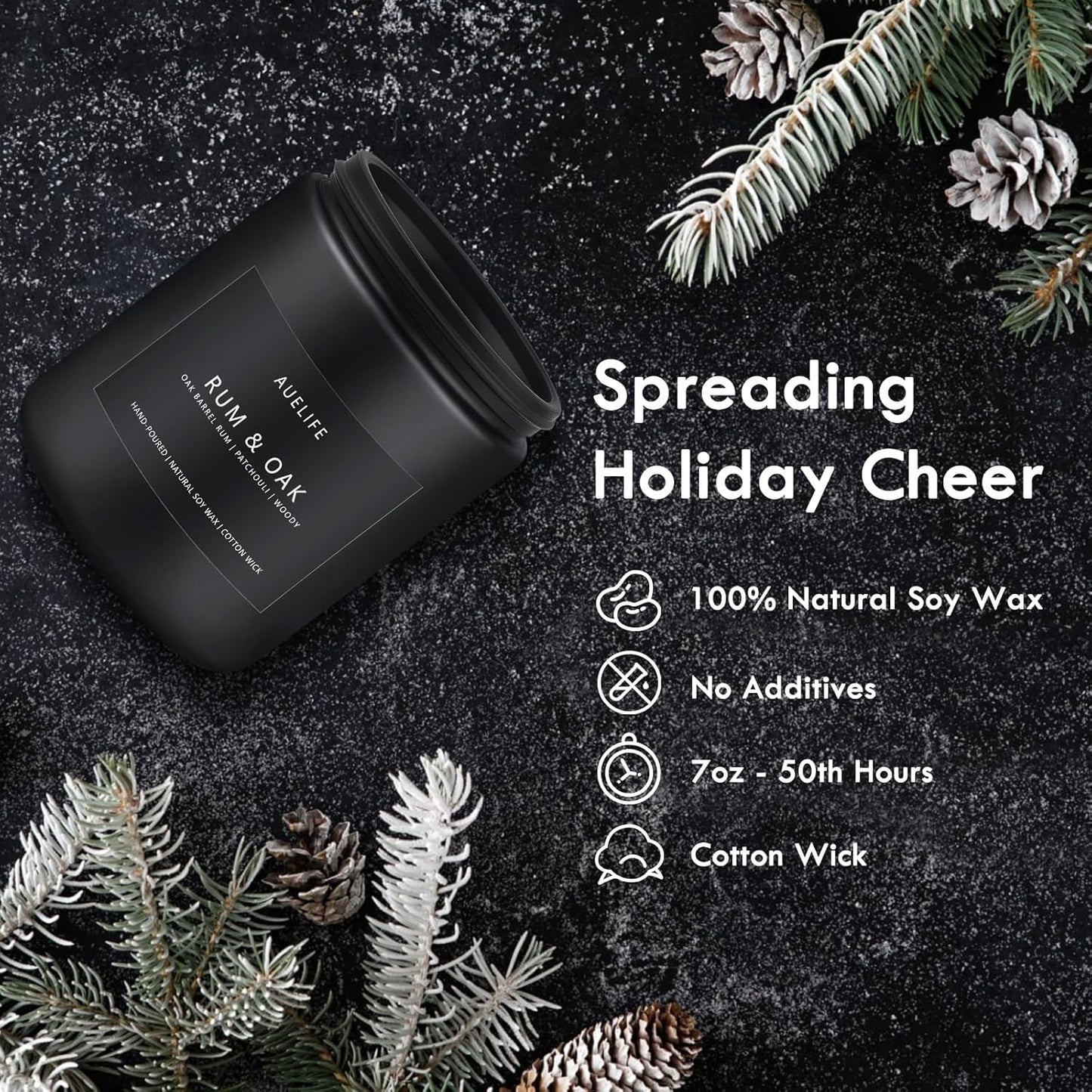 Rum & Oak Candle | Candles for Men, Gifts for Men - Masculine Scent - Soy Candles for Home Scented - Scented Candle for Home, Aromatherapy Candle for Bedroom - 7oz Black Jar